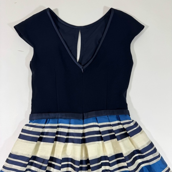 Theia Jacquard Nautical Stripe Midi Dress Blue Cap Sleeve V Back - Picture 8 of 12